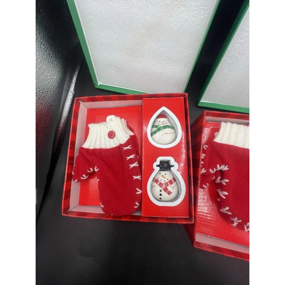 Christmas Snowman Salt Pepper Shakers Red Mitten Flatware Holders 2 Box Lot